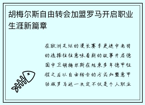 胡梅尔斯自由转会加盟罗马开启职业生涯新篇章 胡梅尔斯自由转会加盟罗马开启职业生涯新篇章