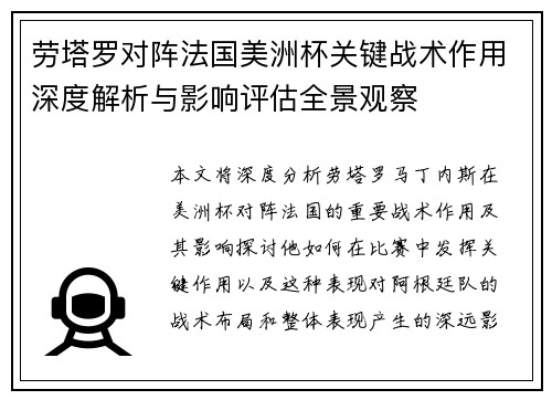劳塔罗对阵法国美洲杯关键战术作用深度解析与影响评估全景观察